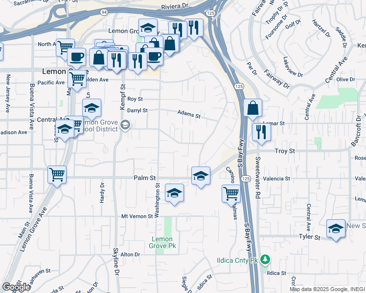 map of restaurants, bars, coffee shops, grocery stores, and more near 8316 Lincoln Street in Lemon Grove