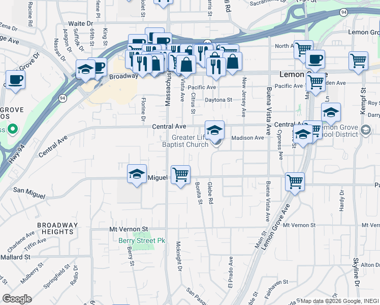 map of restaurants, bars, coffee shops, grocery stores, and more near 7302 Goodman Lane in Lemon Grove