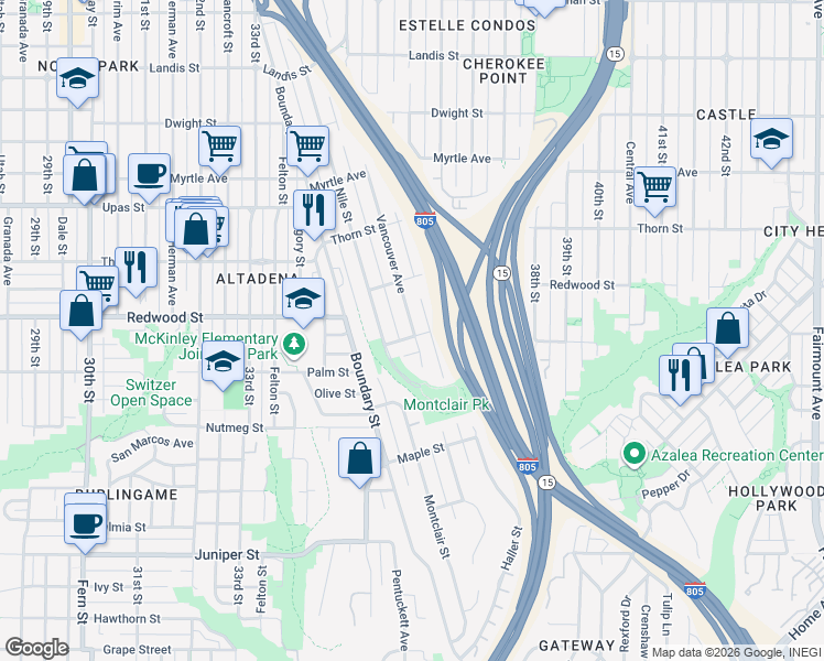 map of restaurants, bars, coffee shops, grocery stores, and more near 3034 Vancouver Avenue in San Diego