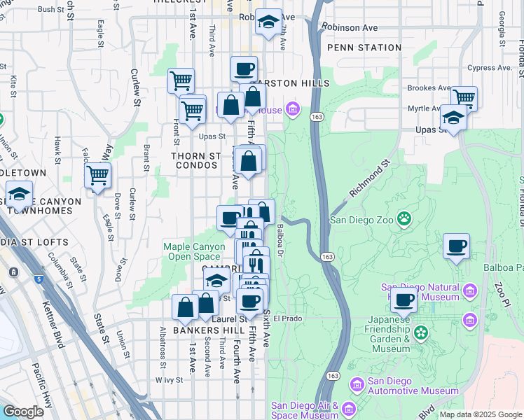 map of restaurants, bars, coffee shops, grocery stores, and more near 3111 Sixth Avenue in San Diego