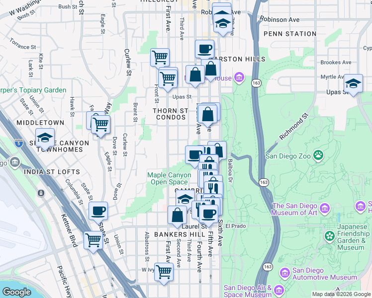 map of restaurants, bars, coffee shops, grocery stores, and more near 3065 Third Avenue in San Diego