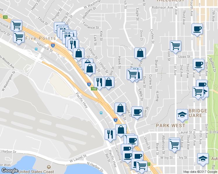 map of restaurants, bars, coffee shops, grocery stores, and more near 1202 West Spruce Street in San Diego