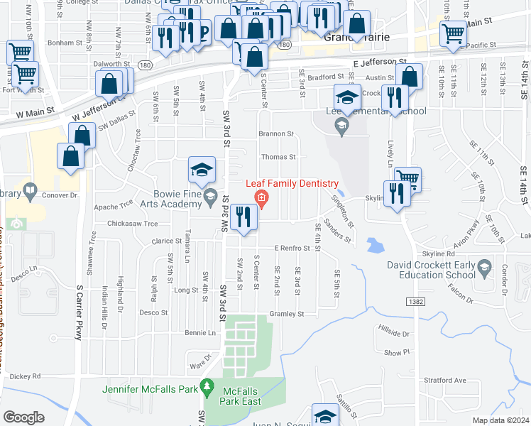 map of restaurants, bars, coffee shops, grocery stores, and more near 730 South Center Street in Grand Prairie