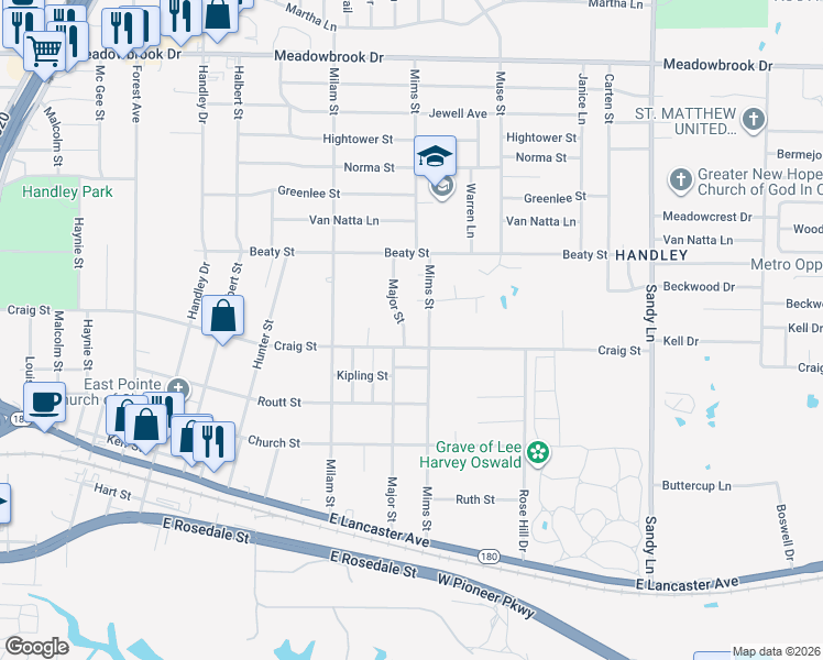 map of restaurants, bars, coffee shops, grocery stores, and more near 2854 Mims Street in Fort Worth