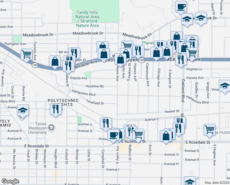 map of restaurants, bars, coffee shops, grocery stores, and more near 3612 Hazeline Road in Fort Worth
