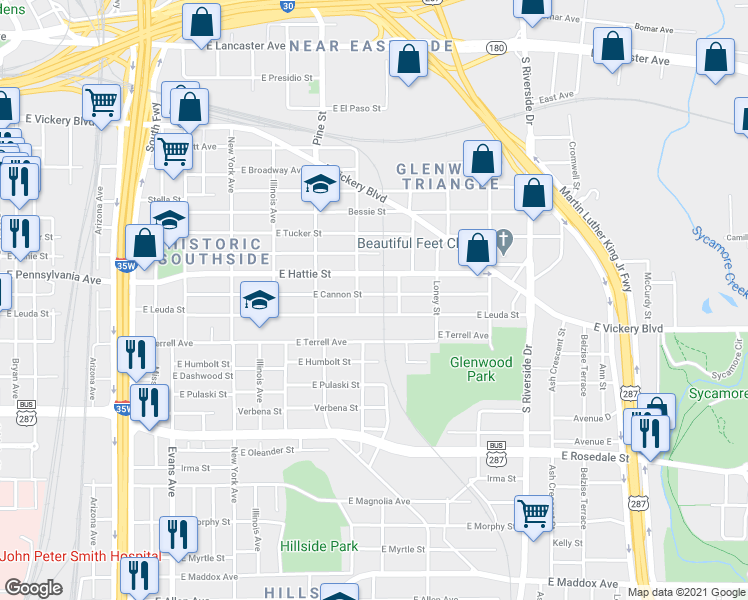 map of restaurants, bars, coffee shops, grocery stores, and more near 1321 East Cannon Street in Fort Worth