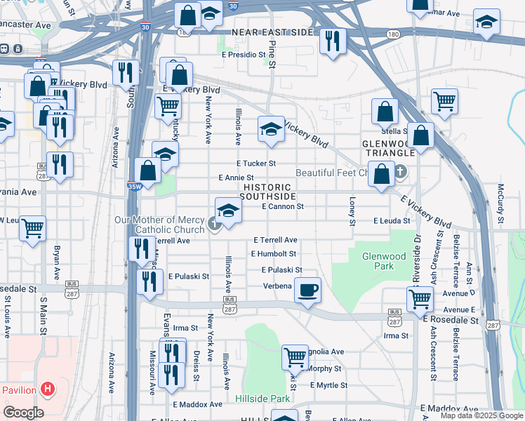 map of restaurants, bars, coffee shops, grocery stores, and more near 1139 East Cannon Street in Fort Worth