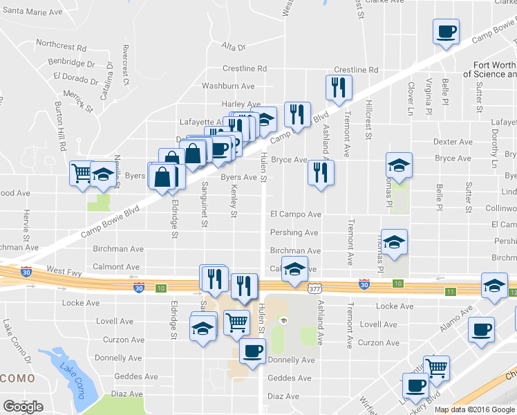 map of restaurants, bars, coffee shops, grocery stores, and more near 4537 Collinwood Avenue in Fort Worth