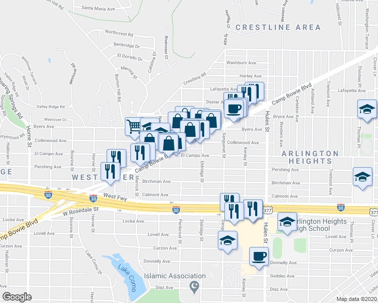 map of restaurants, bars, coffee shops, grocery stores, and more near 4949 Collinwood Avenue in Fort Worth