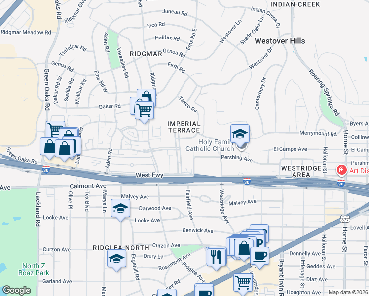 map of restaurants, bars, coffee shops, grocery stores, and more near 6335 Plaza Parkway in Fort Worth