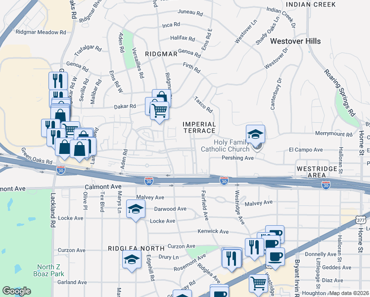 map of restaurants, bars, coffee shops, grocery stores, and more near 2324 Ridgmar Plaza in Fort Worth