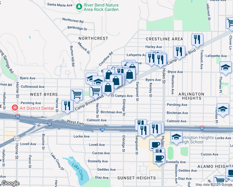 map of restaurants, bars, coffee shops, grocery stores, and more near 4907 Camp Bowie Boulevard in Fort Worth