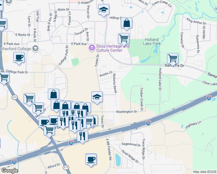 map of restaurants, bars, coffee shops, grocery stores, and more near 913 Jonathan Ct in Weatherford