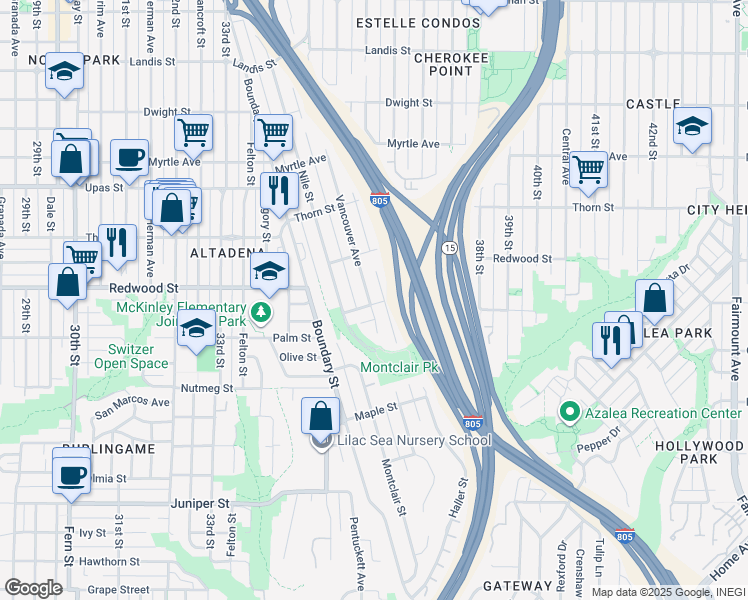 map of restaurants, bars, coffee shops, grocery stores, and more near 3005 Vancouver Avenue in San Diego