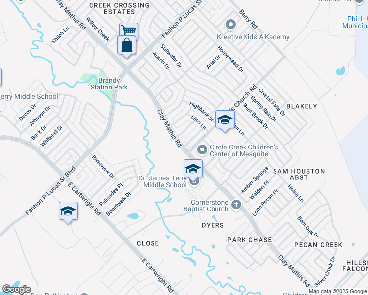 map of restaurants, bars, coffee shops, grocery stores, and more near 2447 Clay Mathis Road in Mesquite