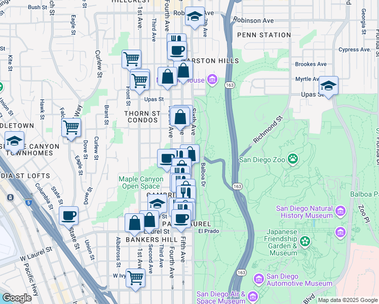 map of restaurants, bars, coffee shops, grocery stores, and more near 3088 Fifth Avenue in San Diego