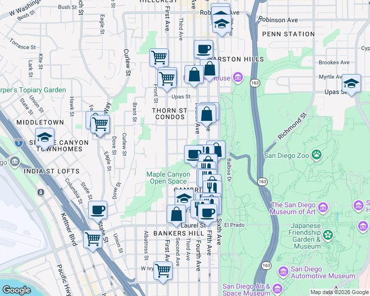 map of restaurants, bars, coffee shops, grocery stores, and more near 3065 Third Avenue in San Diego