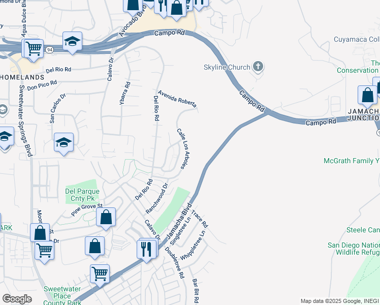 map of restaurants, bars, coffee shops, grocery stores, and more near Calle Los Arboles in Spring Valley