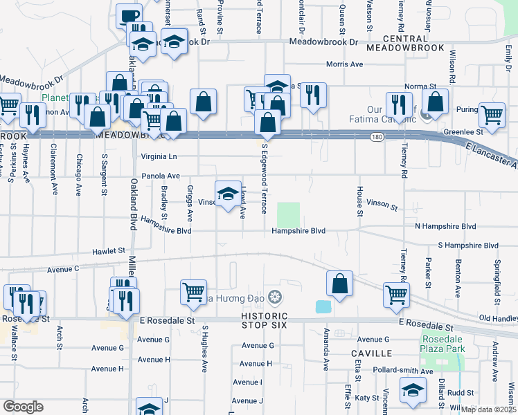 map of restaurants, bars, coffee shops, grocery stores, and more near 656 North Edgewood Terrace in Fort Worth