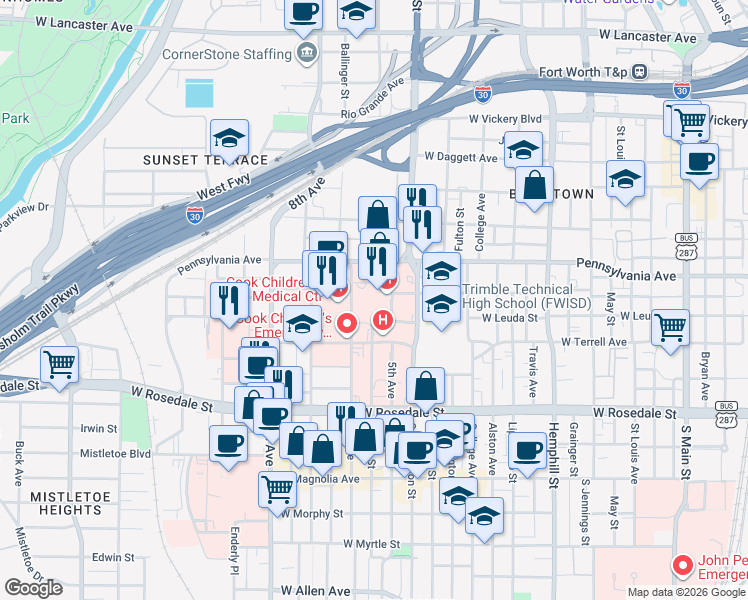 map of restaurants, bars, coffee shops, grocery stores, and more near 731 6th Avenue in Fort Worth