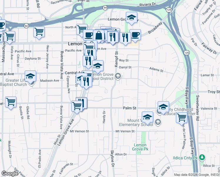 map of restaurants, bars, coffee shops, grocery stores, and more near 2874 Skyline Drive in Lemon Grove