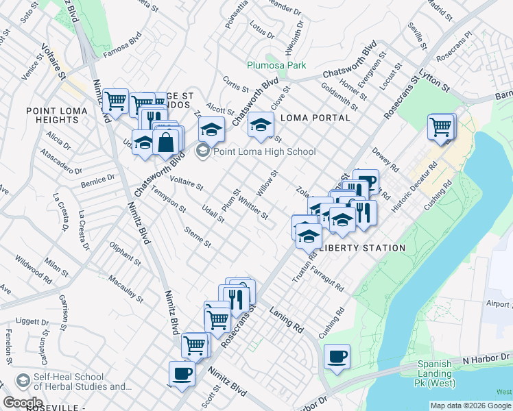 map of restaurants, bars, coffee shops, grocery stores, and more near 3320 Whittier Street in San Diego