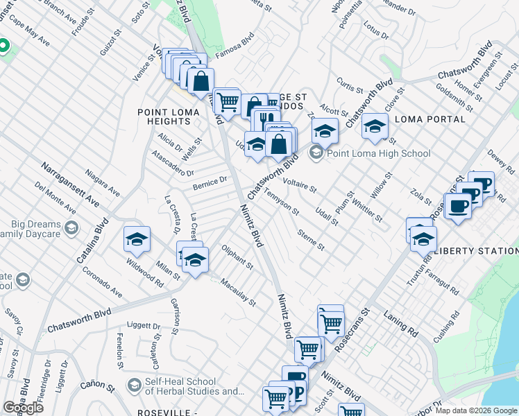 map of restaurants, bars, coffee shops, grocery stores, and more near 3662 Quimby Street in San Diego