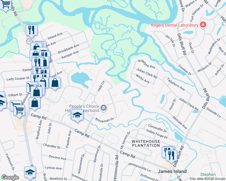 map of restaurants, bars, coffee shops, grocery stores, and more near 14 Held Circle in Charleston