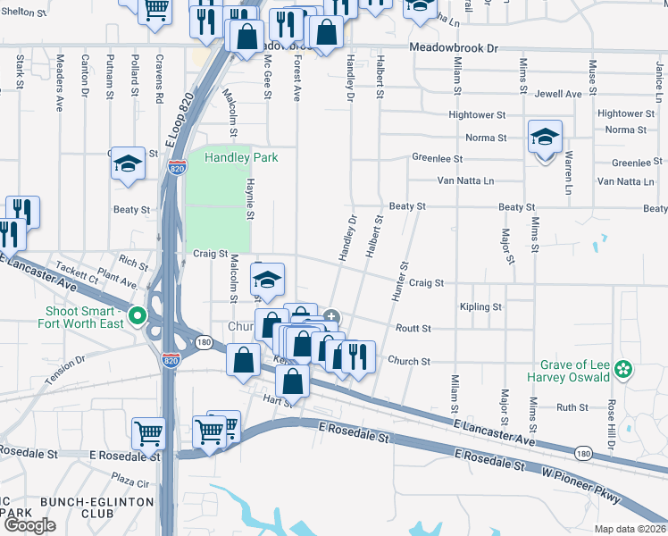 map of restaurants, bars, coffee shops, grocery stores, and more near 2845 Handley Drive in Fort Worth