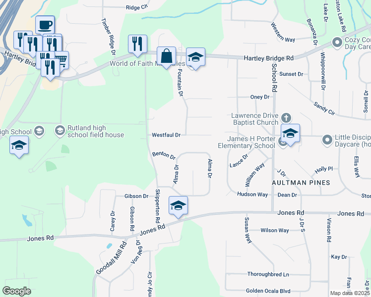map of restaurants, bars, coffee shops, grocery stores, and more near 120 Westfaul Dr in Macon