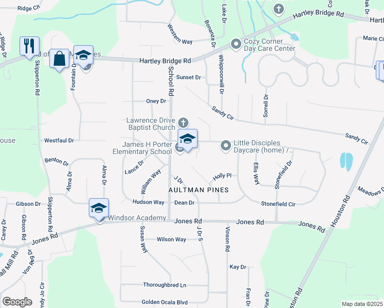 map of restaurants, bars, coffee shops, grocery stores, and more near 5802 School Road in Macon