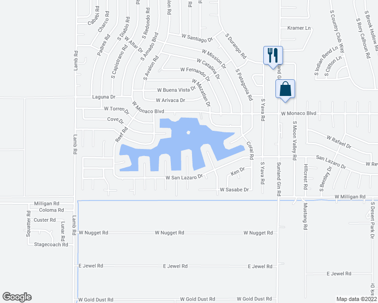 map of restaurants, bars, coffee shops, grocery stores, and more near 15759 Maui Circle in Arizona City