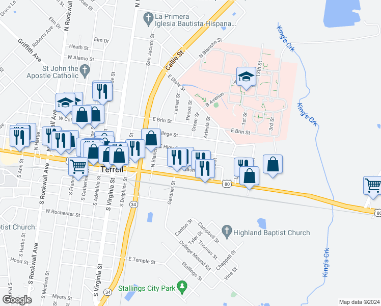 map of restaurants, bars, coffee shops, grocery stores, and more near 806 East High Street in Terrell