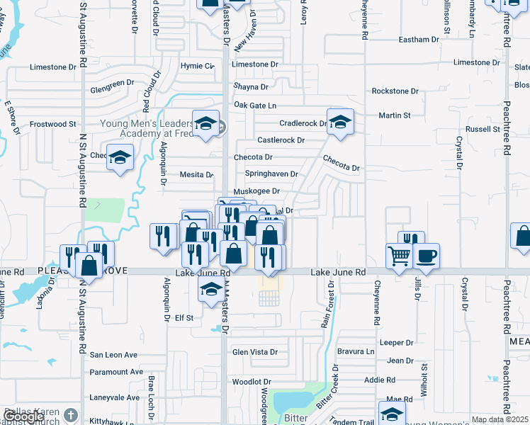 map of restaurants, bars, coffee shops, grocery stores, and more near 1413 Old Jamestown Court in Dallas