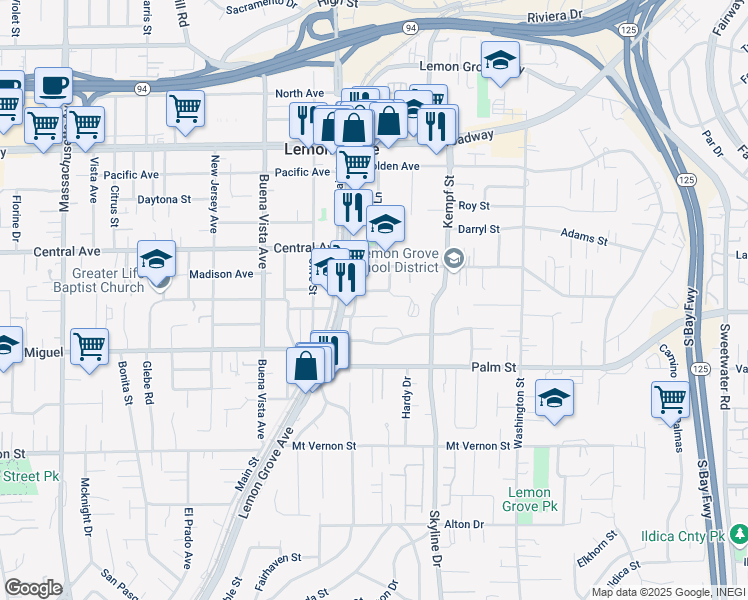 map of restaurants, bars, coffee shops, grocery stores, and more near 7846 Bryan Court in Lemon Grove