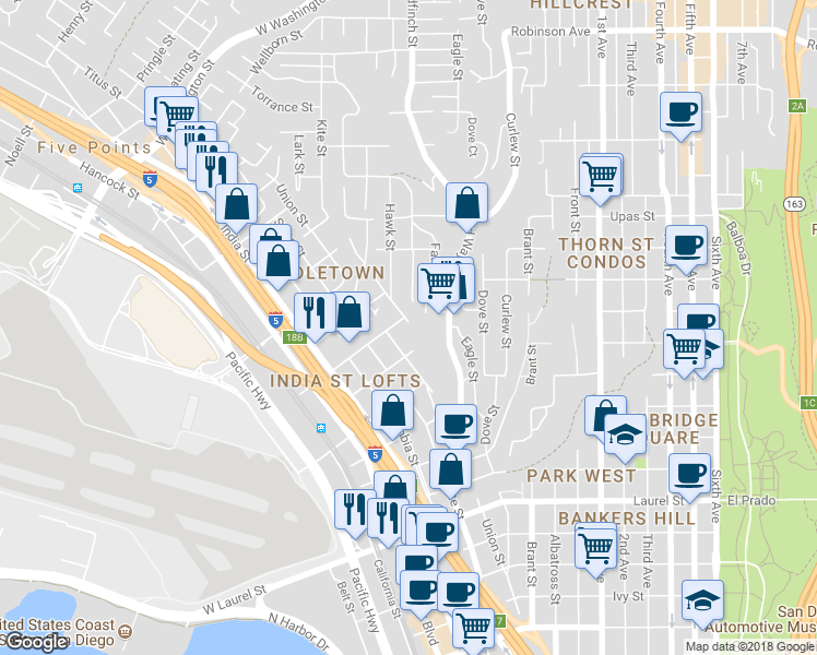 map of restaurants, bars, coffee shops, grocery stores, and more near 3122 Falcon Street in San Diego