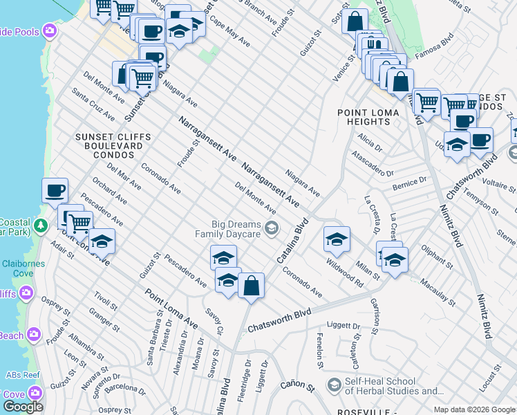 map of restaurants, bars, coffee shops, grocery stores, and more near 4336 Del Monte Avenue in San Diego