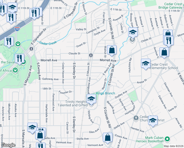 map of restaurants, bars, coffee shops, grocery stores, and more near 1403 Strickland Street in Dallas