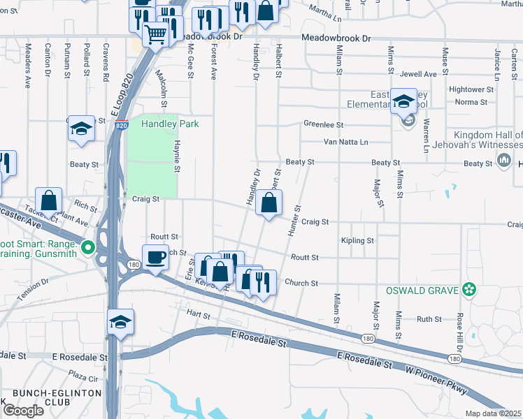 map of restaurants, bars, coffee shops, grocery stores, and more near 2845 Handley Drive in Fort Worth