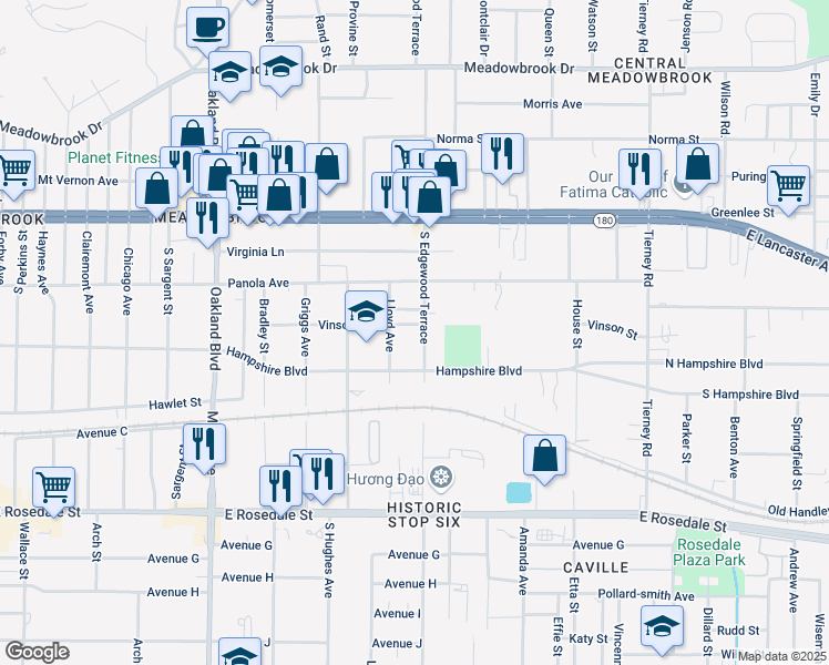 map of restaurants, bars, coffee shops, grocery stores, and more near 656 North Edgewood Terrace in Fort Worth