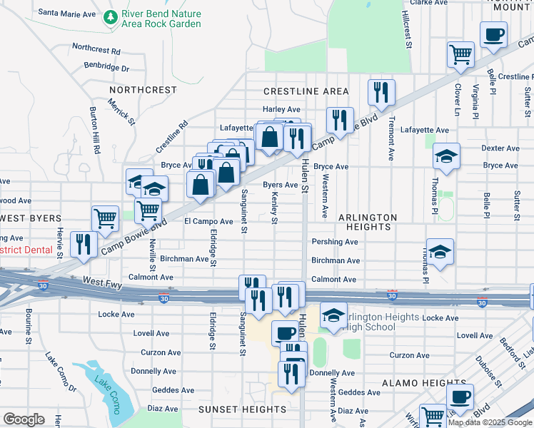 map of restaurants, bars, coffee shops, grocery stores, and more near 4725 Collinwood Avenue in Fort Worth