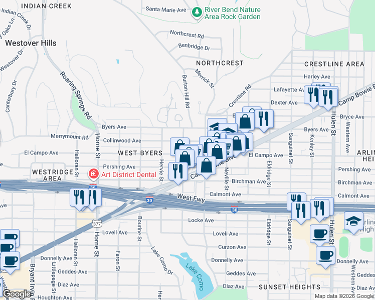 map of restaurants, bars, coffee shops, grocery stores, and more near 5217 Collinwood Avenue in Fort Worth