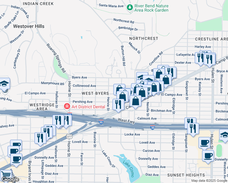 map of restaurants, bars, coffee shops, grocery stores, and more near 5305 Collinwood Avenue in Fort Worth