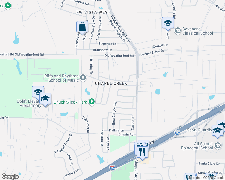 map of restaurants, bars, coffee shops, grocery stores, and more near 2409 Ensenada Lane in Fort Worth
