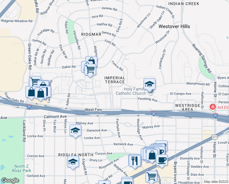 map of restaurants, bars, coffee shops, grocery stores, and more near 2409 Ridgmar Plaza in Fort Worth