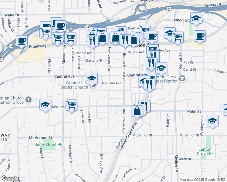 map of restaurants, bars, coffee shops, grocery stores, and more near 7522 Roosevelt Avenue in Lemon Grove