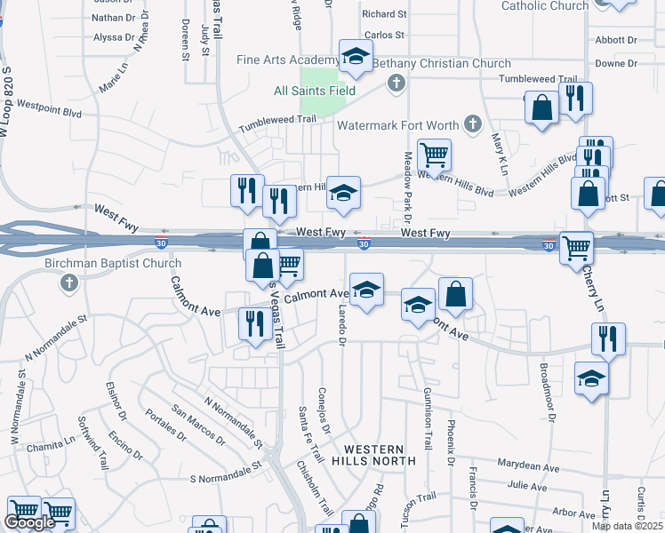 map of restaurants, bars, coffee shops, grocery stores, and more near 8401 West Fwy in Fort Worth