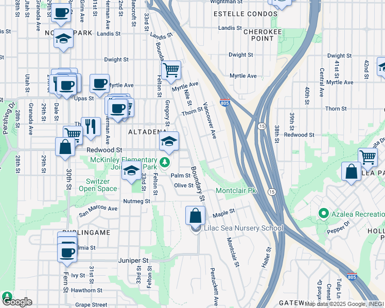 map of restaurants, bars, coffee shops, grocery stores, and more near 3062 Nile Street in San Diego