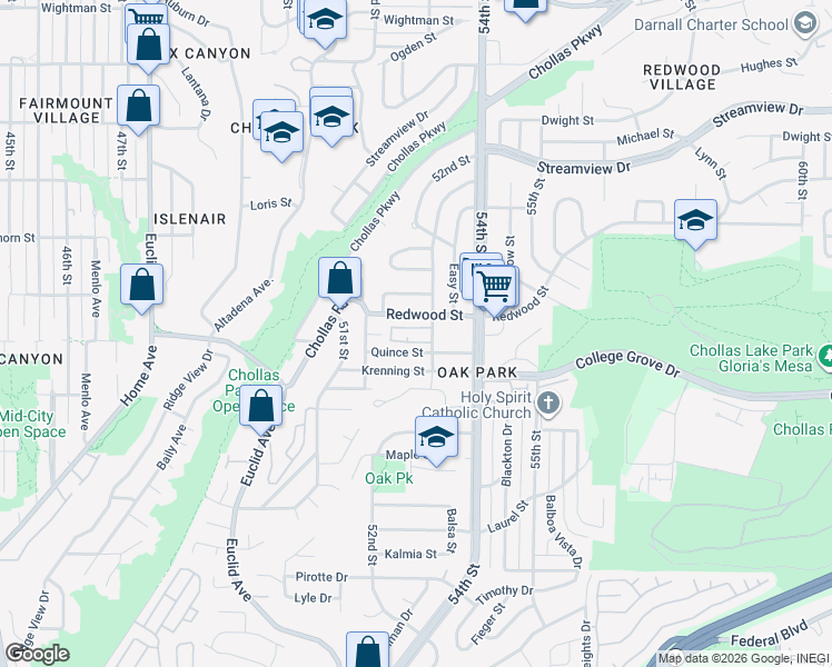 map of restaurants, bars, coffee shops, grocery stores, and more near 3060 53rd Street in San Diego