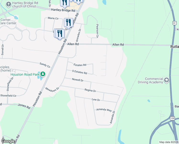map of restaurants, bars, coffee shops, grocery stores, and more near 5827 Nature Drive in Macon